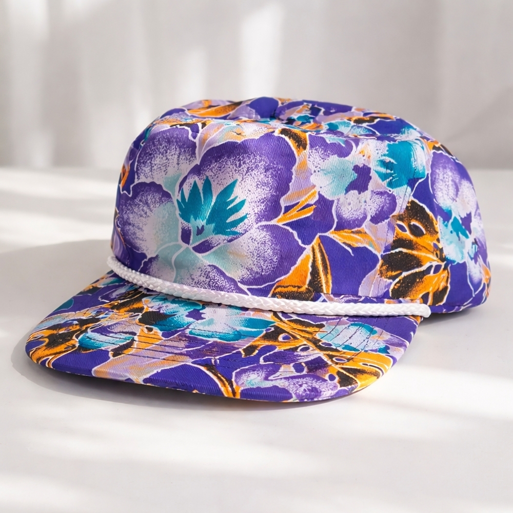 Purple Multicolor Floral Snapback Hat Rope Detail Adjustable Cap